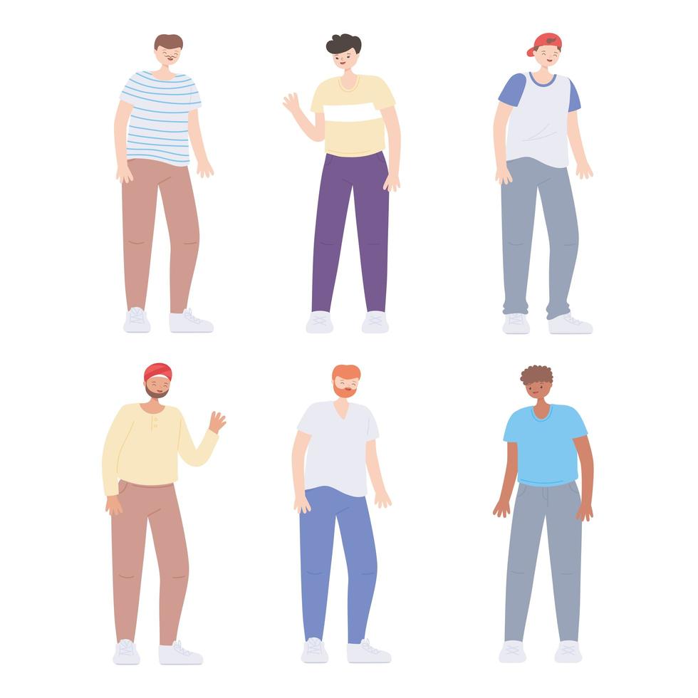 Diversas personas multirraciales y multiculturales, diversidad de dibujos animados de grupo joven de hombres. vector