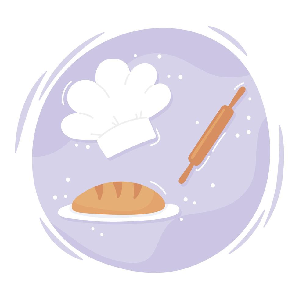 chef hat food kitchen roller pin and bread cartoon icons vector