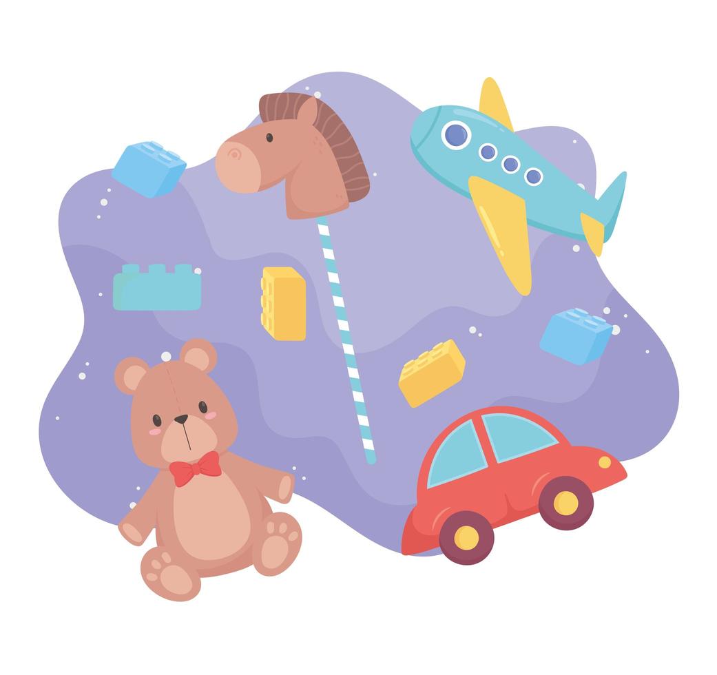 objeto de juguetes para que los niños pequeños jueguen dibujos animados oso coche avión caballo bloques vector