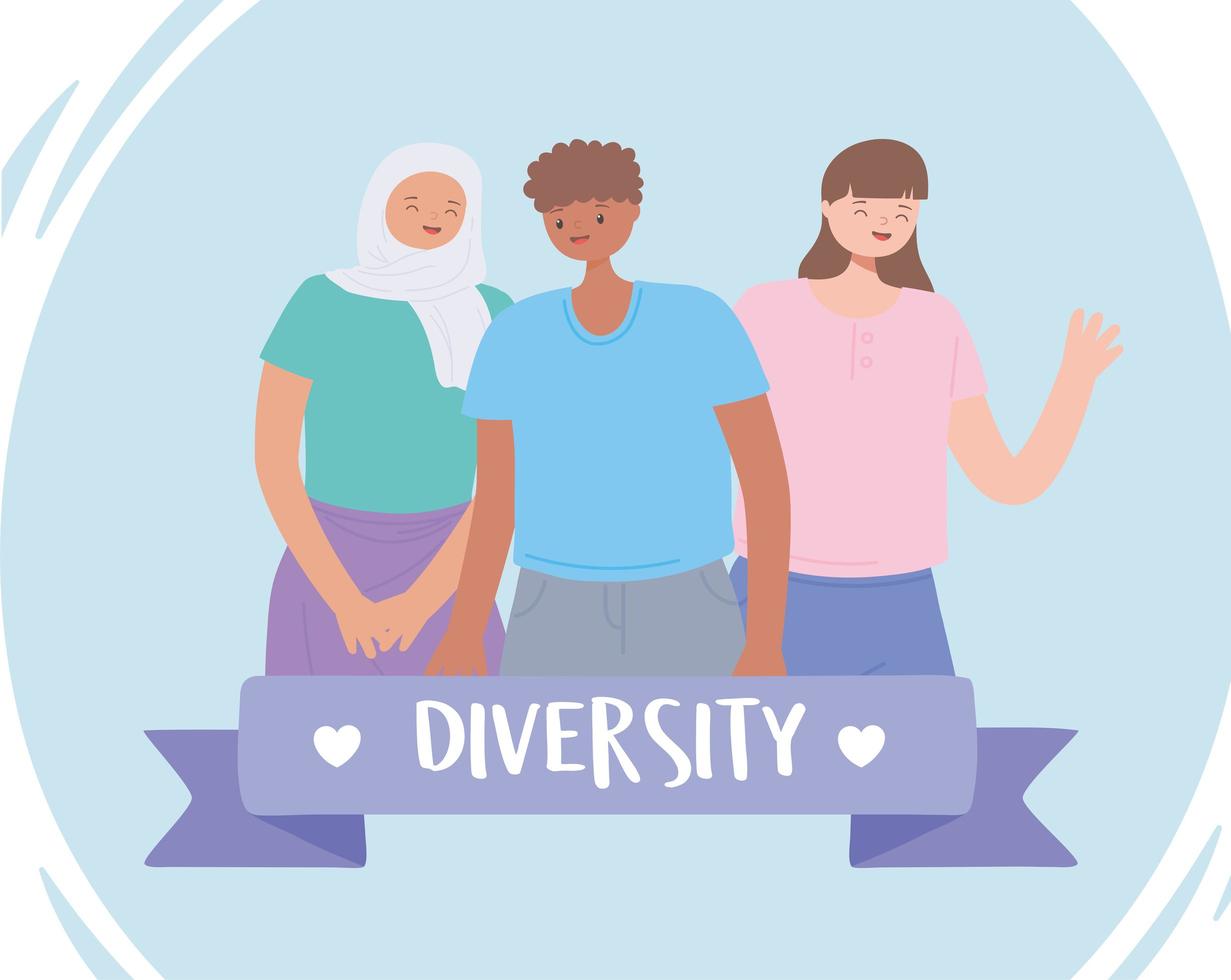 Diversas personas multirraciales y multiculturales, juntos hombres y mujeres diversidad personaje de dibujos animados vector