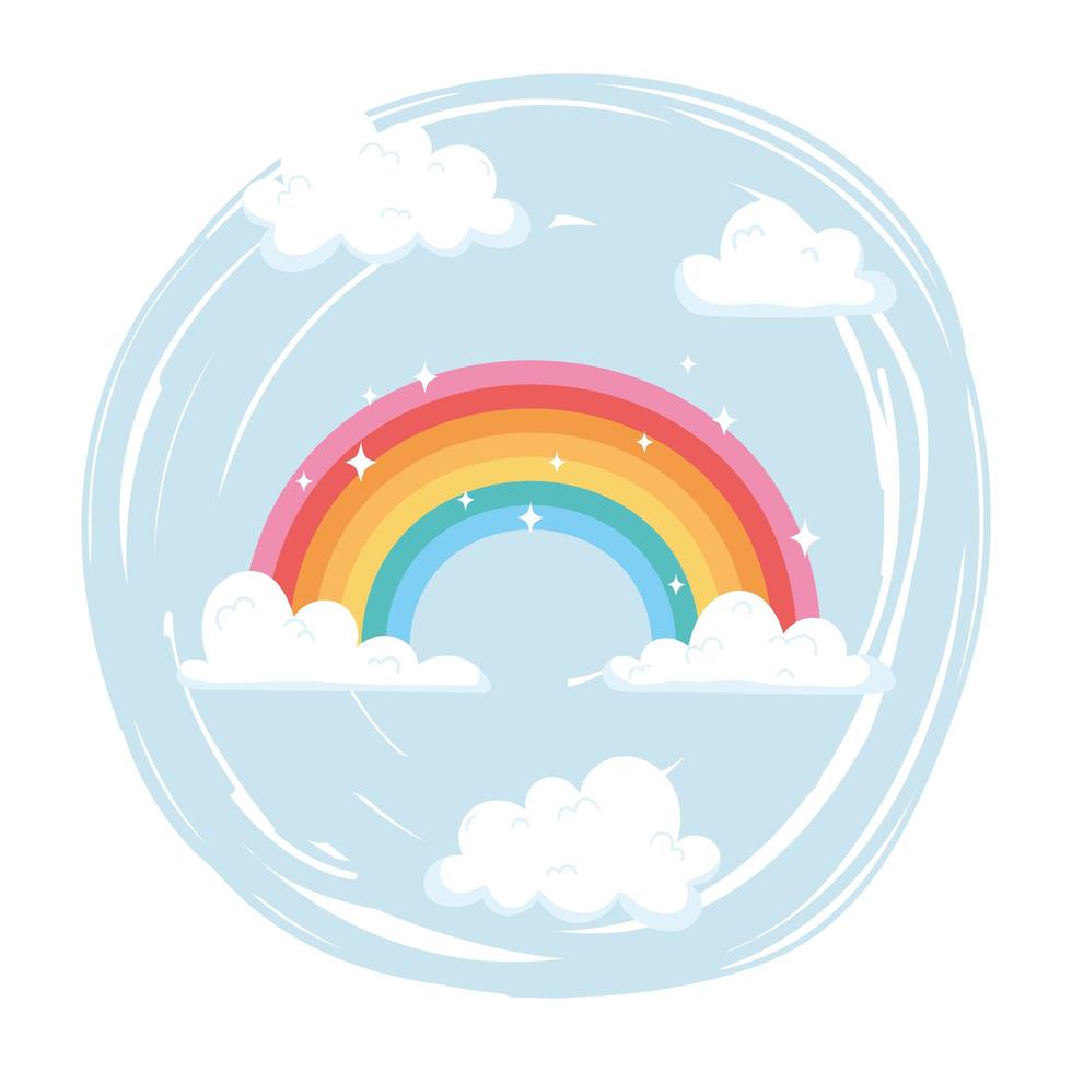 bright rainbow with clouds sky weather cartoon vector