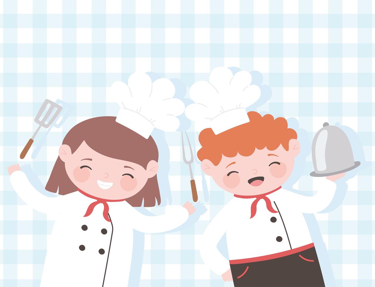 chefs, niña y niño, caricatura, con, plato, tenedor, y, espátula, mantel, plano de fondo vector