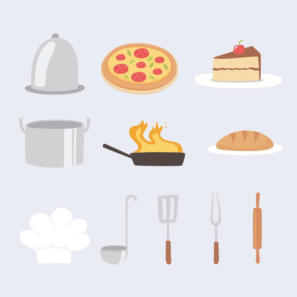 comida cocina pizza pan pastel utensilios y gorro de chef iconos vector