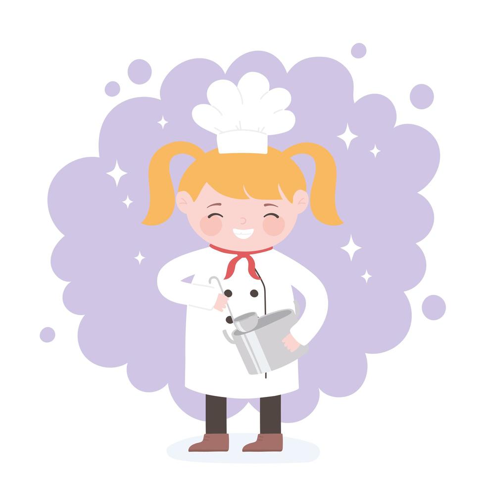 chef girl cartoon character with pot and ladle vector