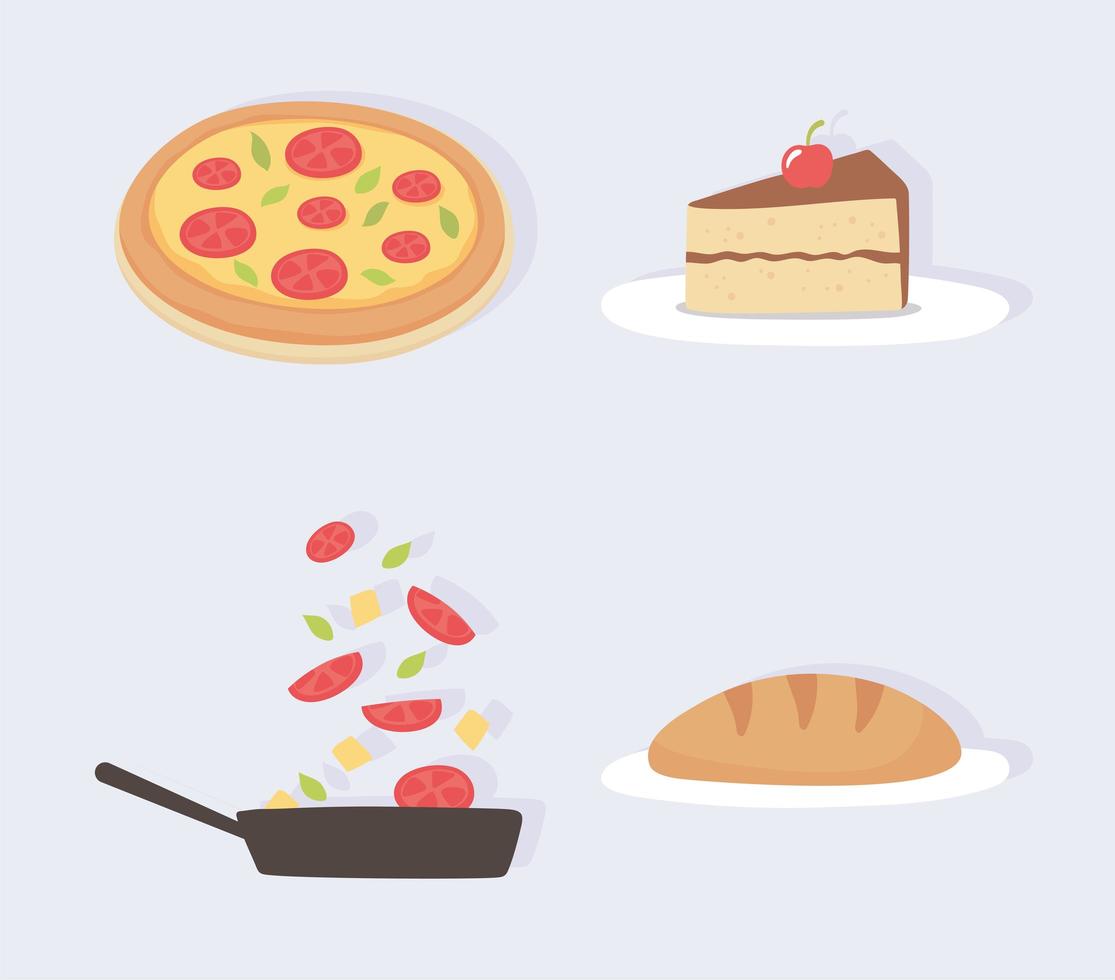 comida cocina rebanada pastel pizza pan verduras en cacerola iconos vector