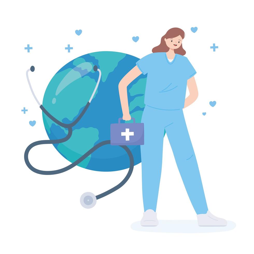 thank you doctors and nurses, female nurse with stethoscope kit and wold vector
