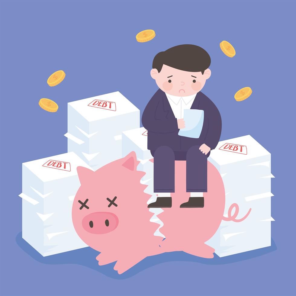 bankruptcy man sitting on stack of papers debt and broken piggy bank falls coins business crisis vector