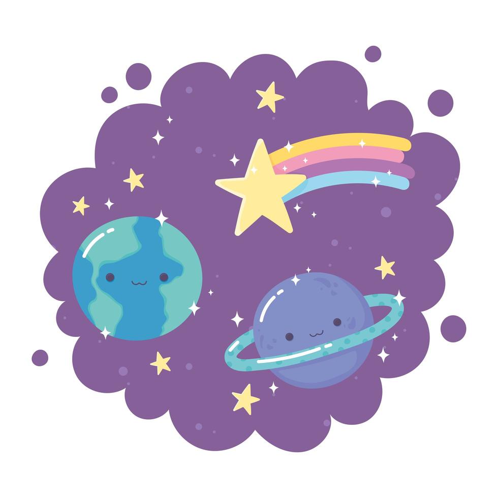 cartoon planets earth saturn shooting star stars purple background decoration vector