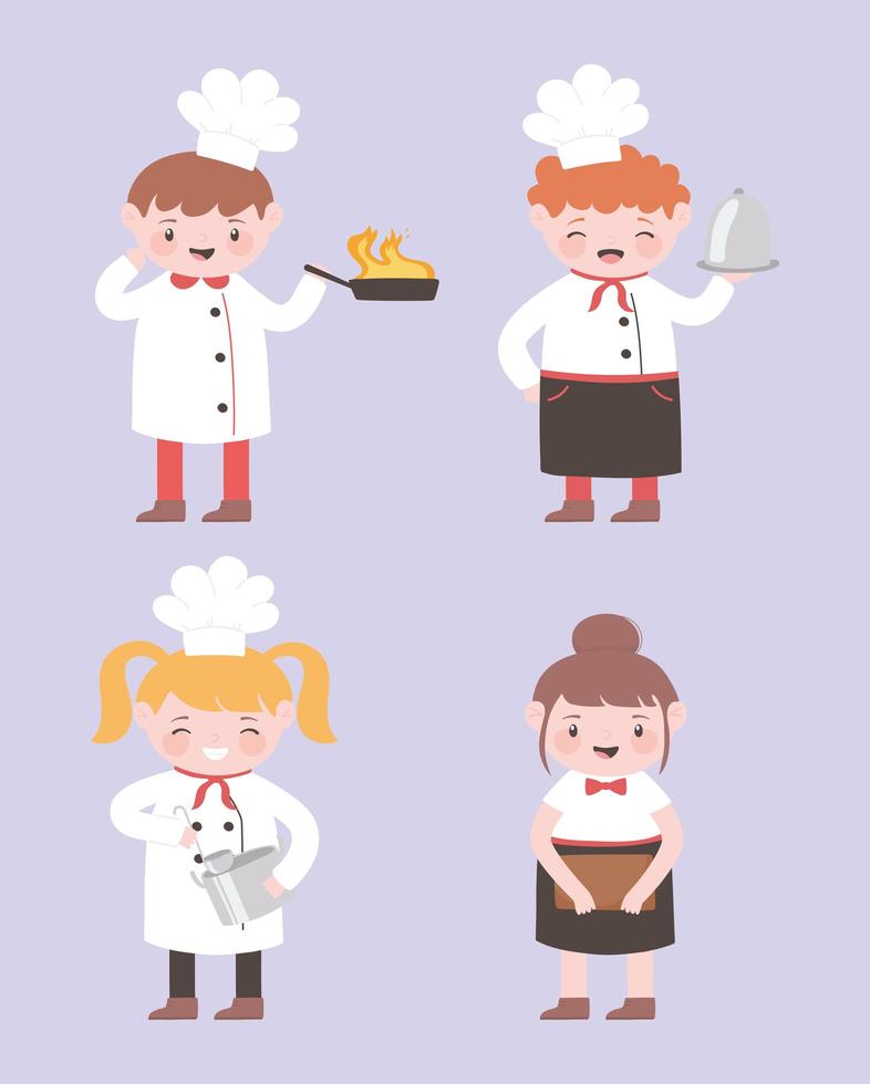 Chef personaje de dibujos animados masculino y femenino con uniforme y utensilios de cocina vector