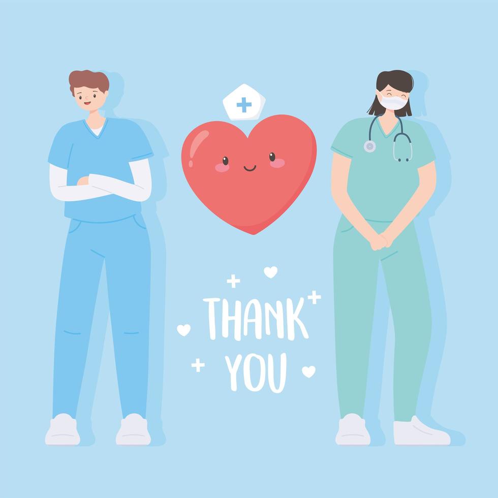 gracias médicos y enfermeras, equipo médico con dibujos animados de corazón vector