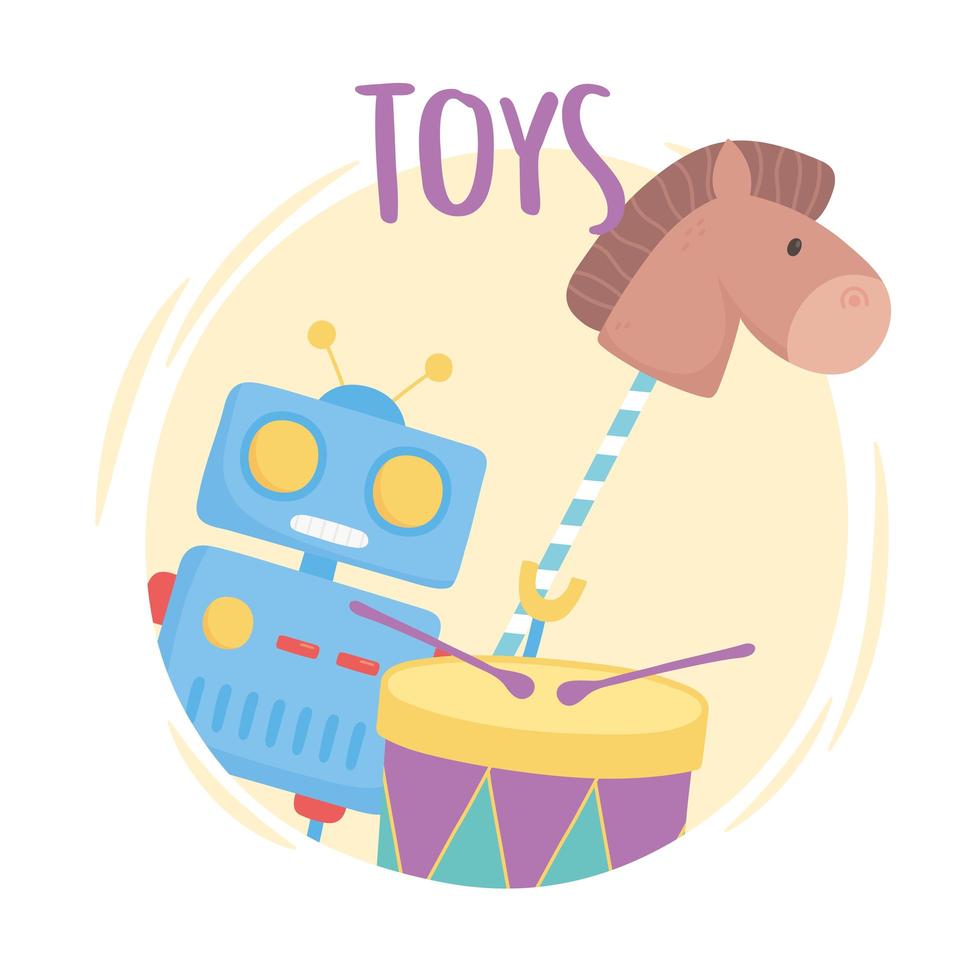 objeto de juguetes para que los niños pequeños jueguen robot de dibujos animados tambor caballo en palo vector