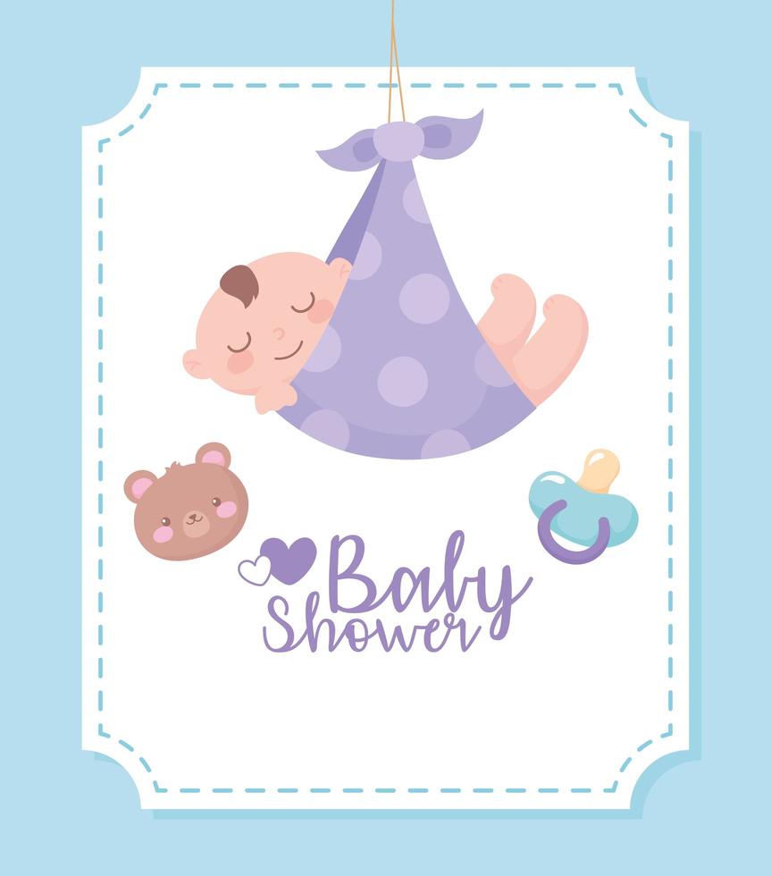 baby shower, niño en manta oso chupete bienvenida tarjeta de celebración recién nacida vector