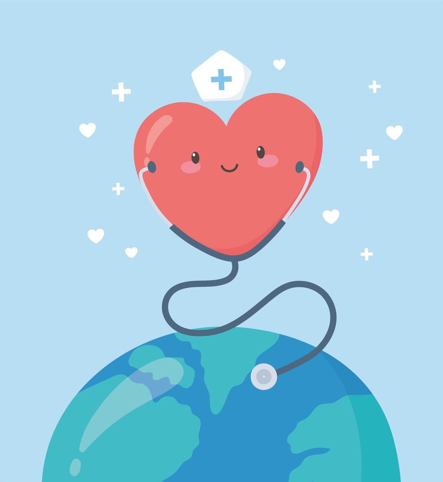 thank you doctors and nurses, nurse heart with stethoscope on world cartoon vector