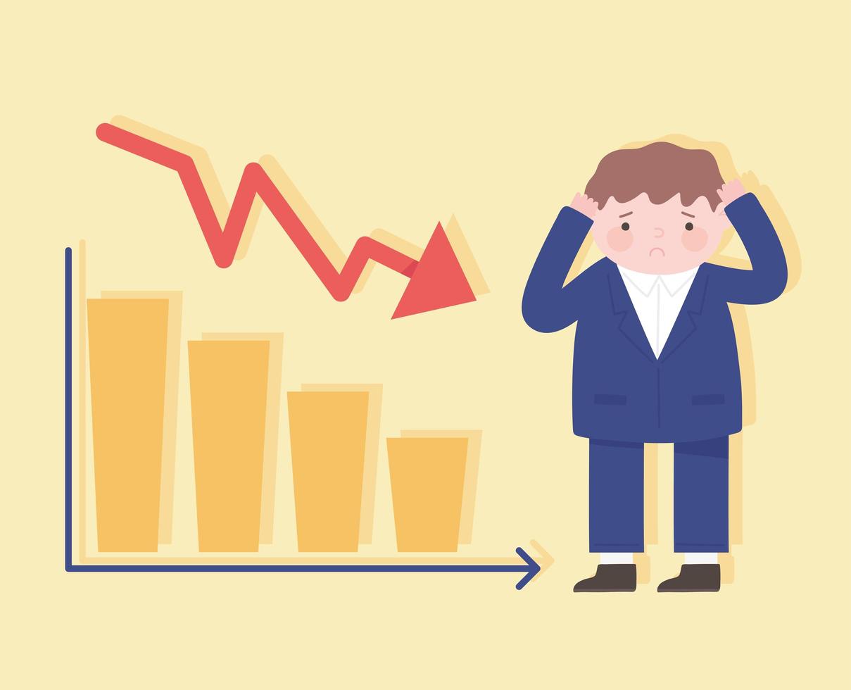 Hombre de quiebra cayendo con gráfico de recesión proceso empresarial crisis financiera vector