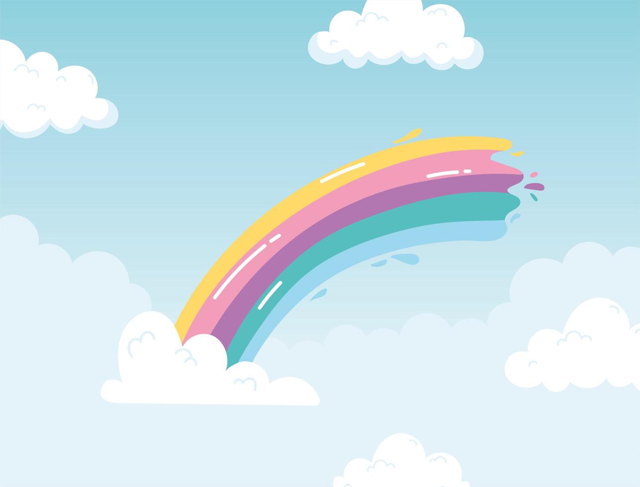rainbow stroke color with clouds sky cartoon background vector