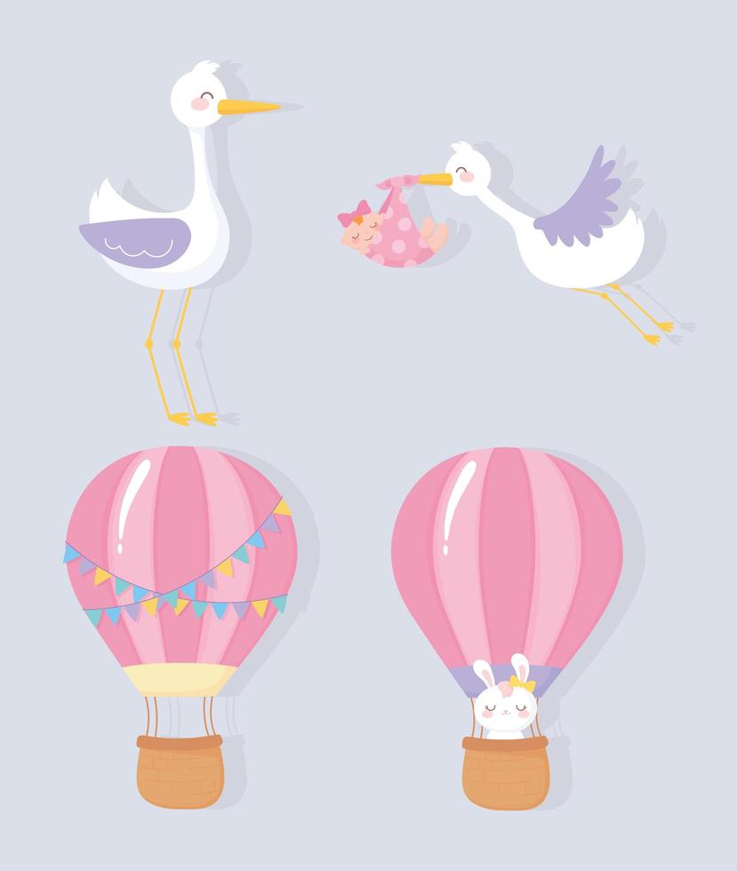 baby shower, cute stork little girl hot air balloon rabbit welcome newborn celebration icons vector