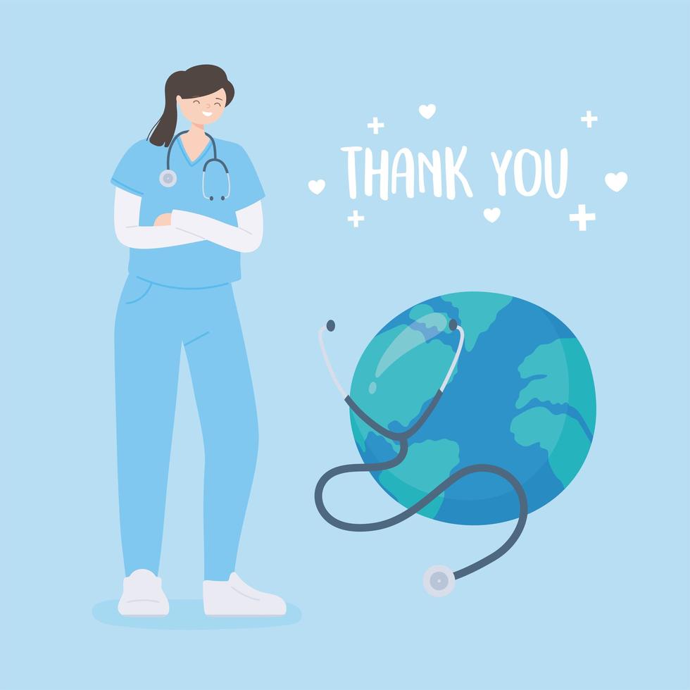 thank you doctors and nurses, female nurse with stethoscope diagnosis world vector