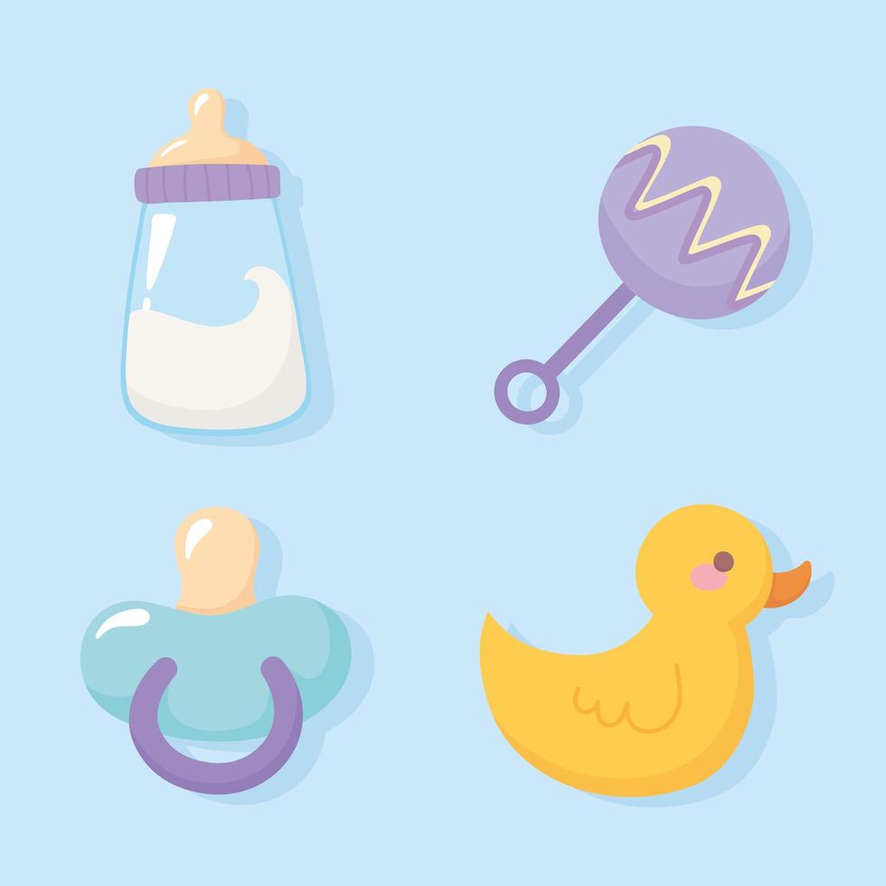 baby shower, duck rattle pacifier and milk bottle welcome newborn celebration icons vector