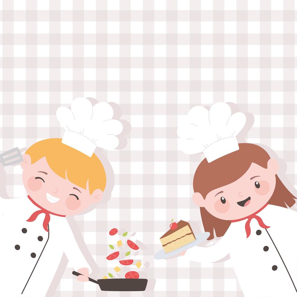 chefs niño y niña con pastel y ensalada personaje de dibujos animados vector