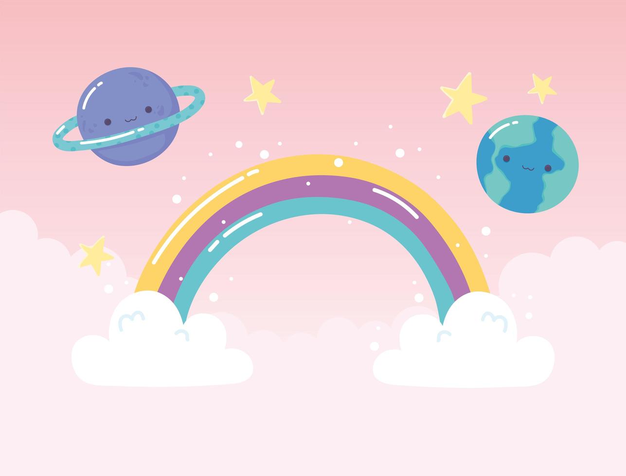 rainbow earth saturn planets stars with clouds cartoon vector