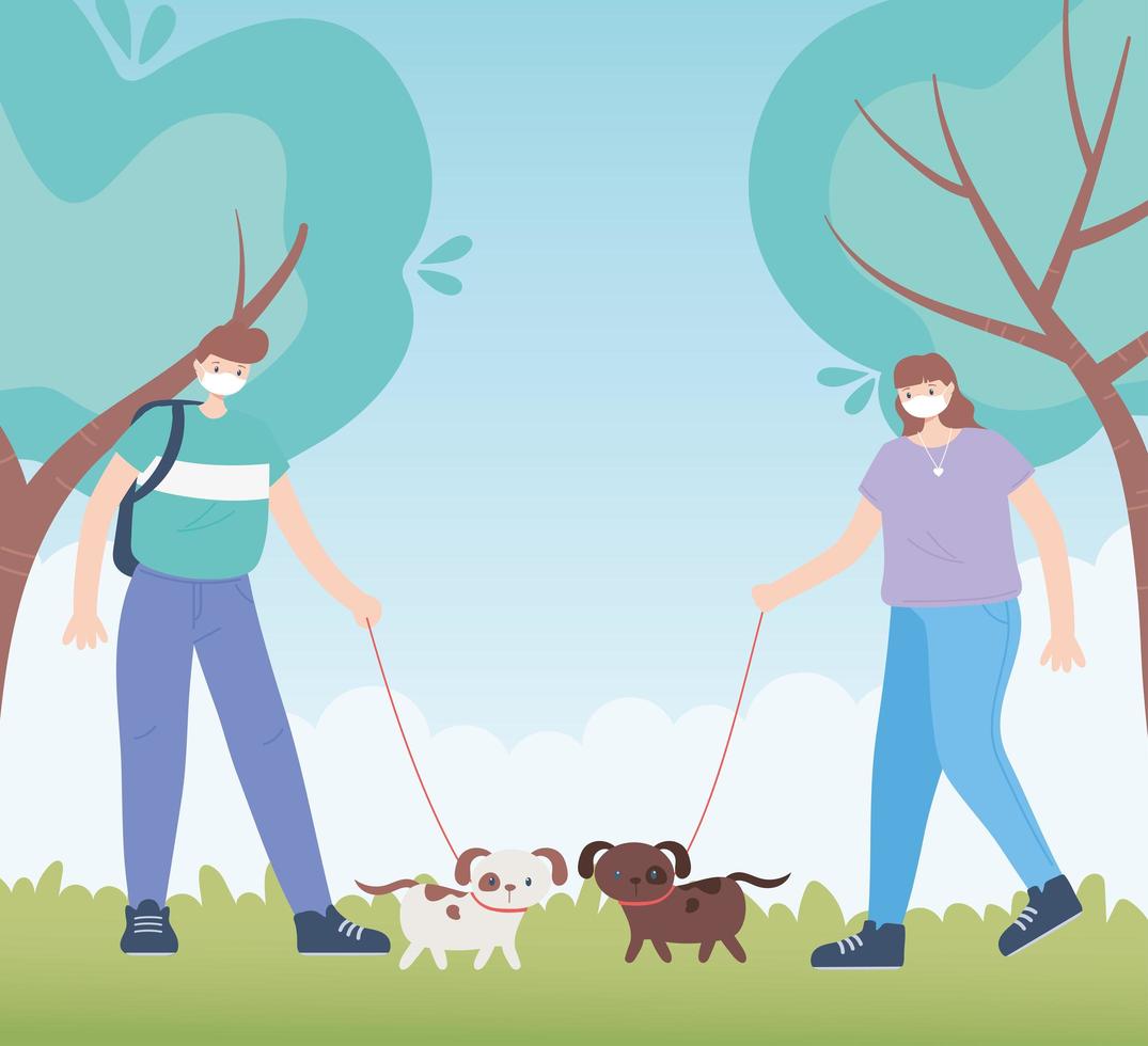 people with medical face mask, man and woman walking with dogs in the park, city activity during coronavirus vector