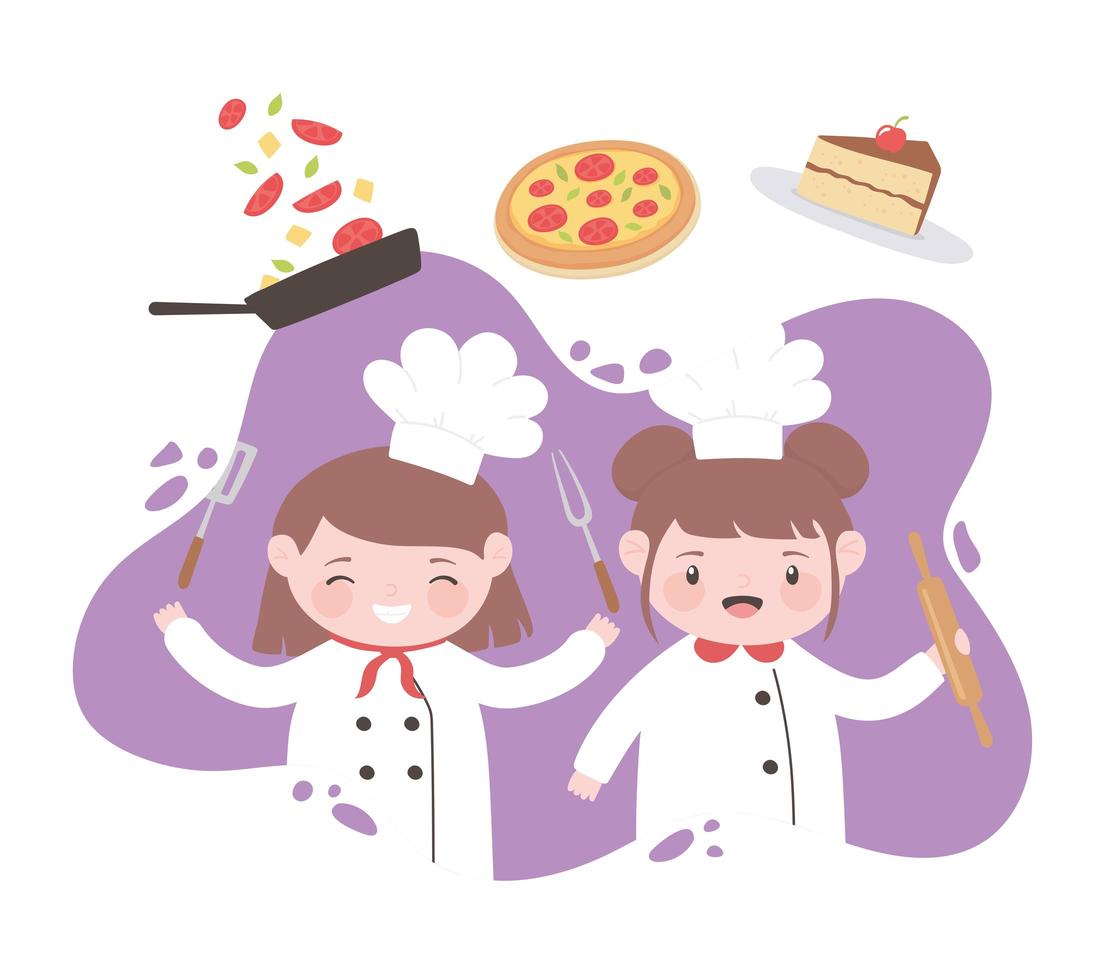 little girls chef cartoon character with pizza cake and utensils vector