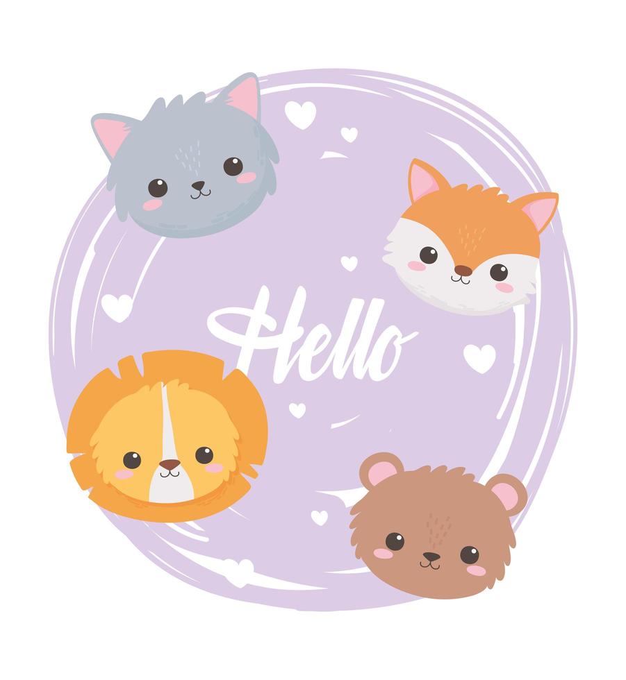 lindo gato zorro león y oso caras adorables animales de dibujos animados vector