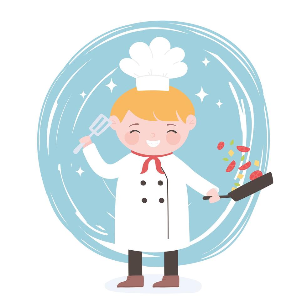 chef cartoon character with frying pan and spatula in hands vector