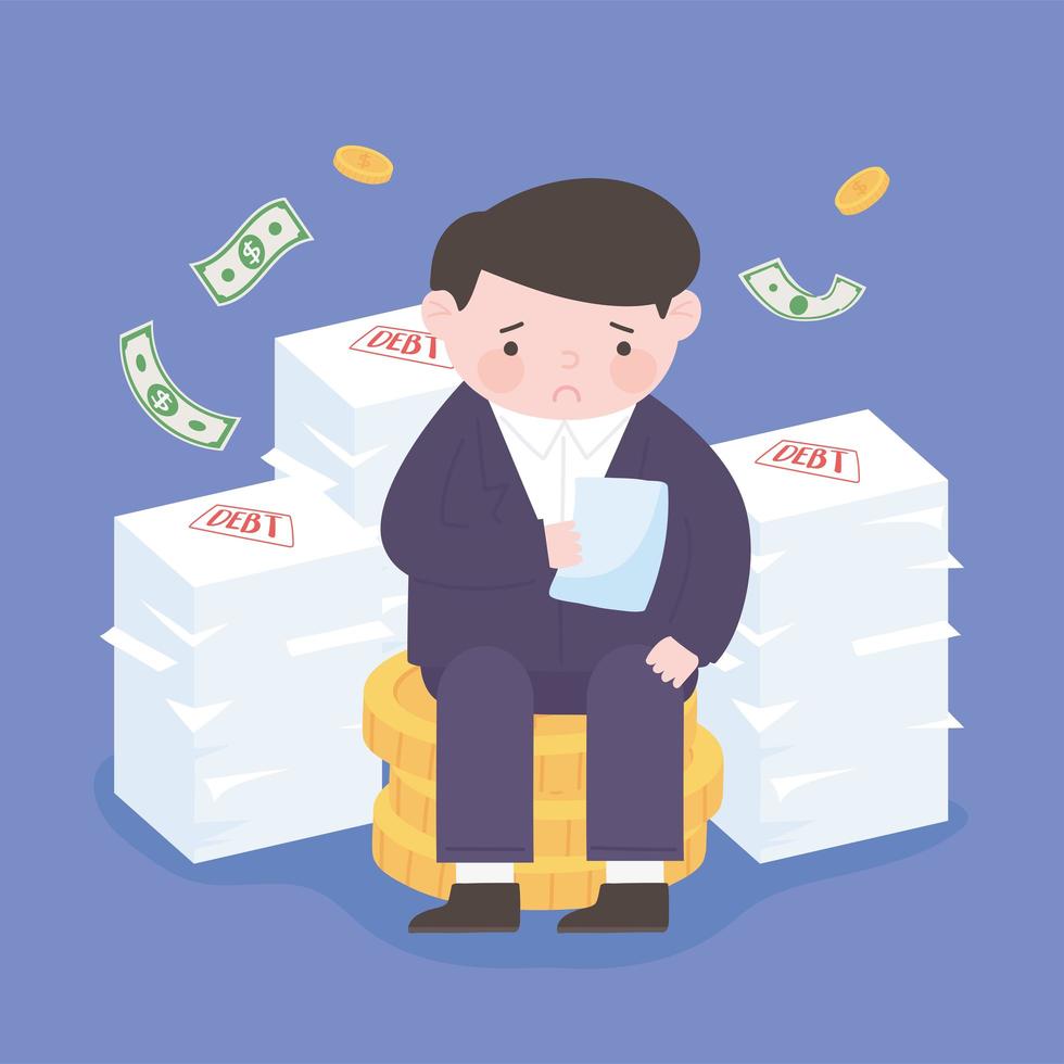 bankruptcy sad businessman with stack of papers debts falling money business financial crisis vector