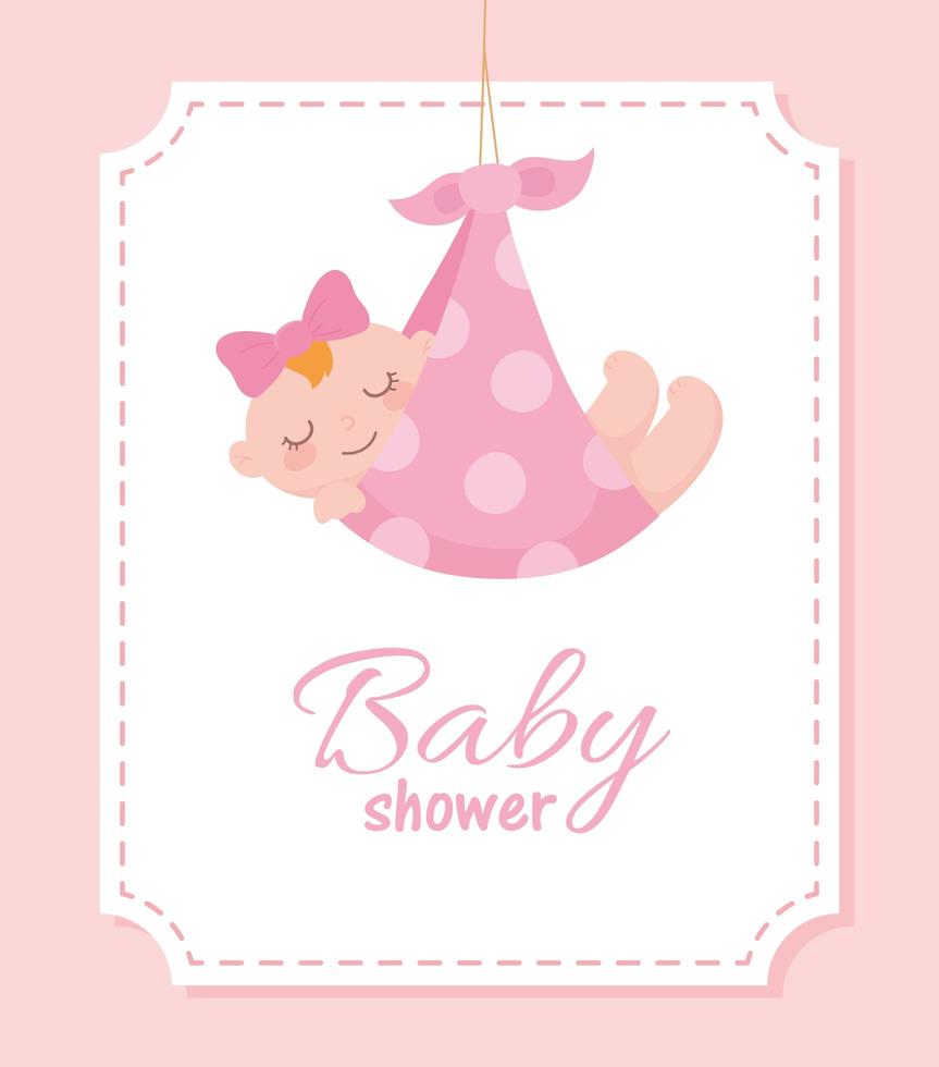 baby shower, cute little girl in dotted blanket, welcome newborn celebration card vector