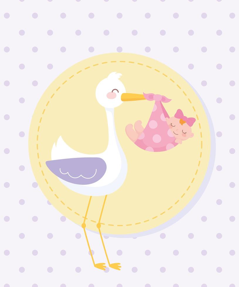baby shower, stork with little girl in blanket, welcome newborn celebration banner vector