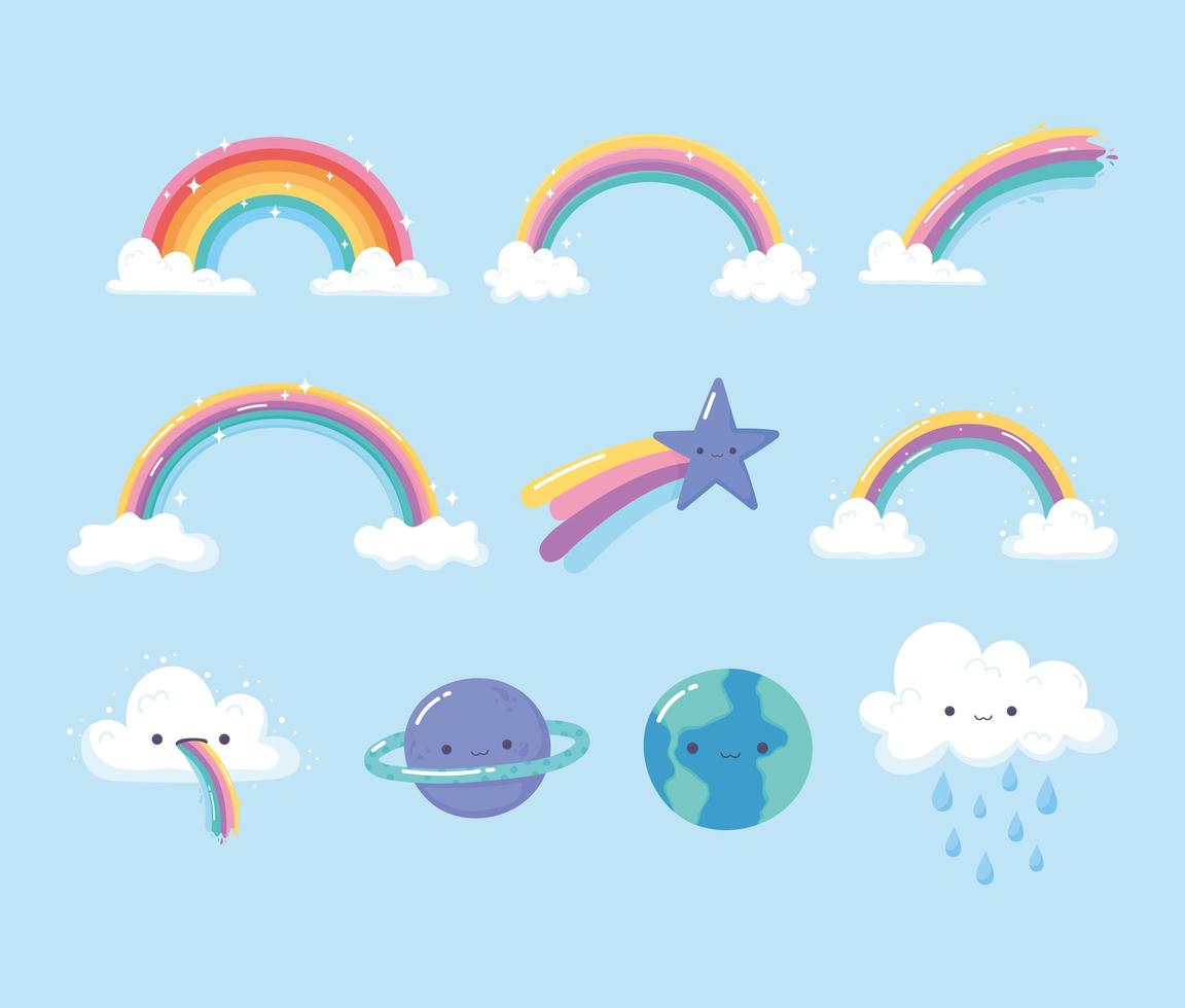 rainbows planets shooting star with clouds sky cartoon icons vector