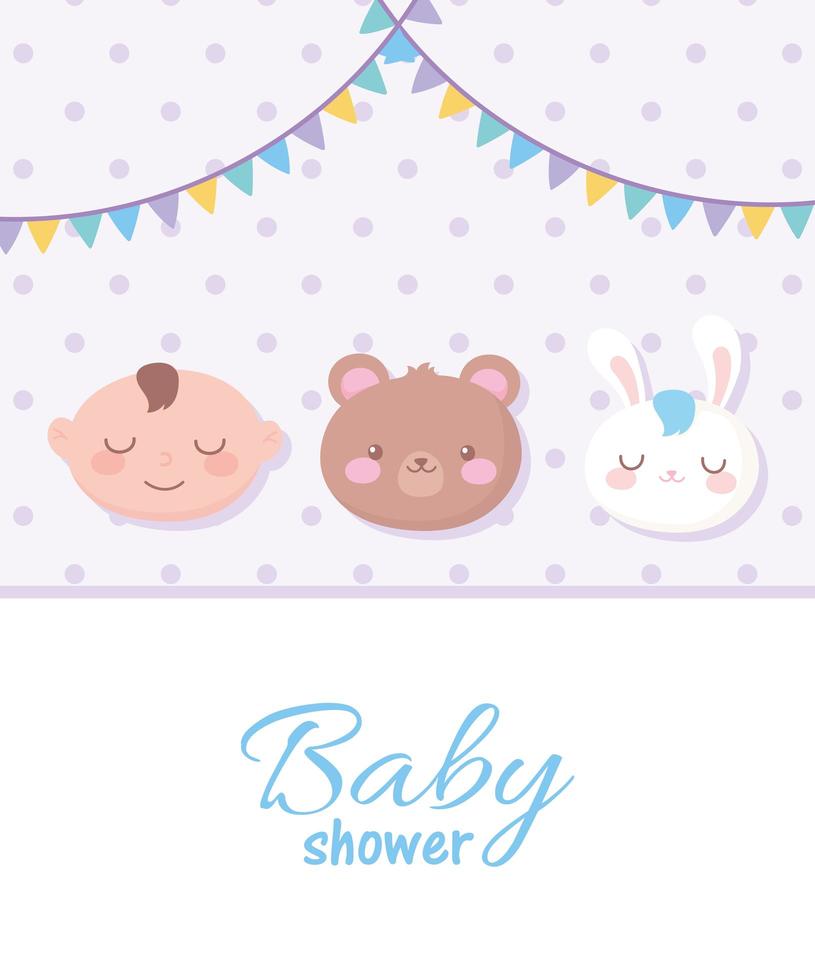 baby shower, spotted background with faces bear boy and rabbit, welcome newborn celebration card vector