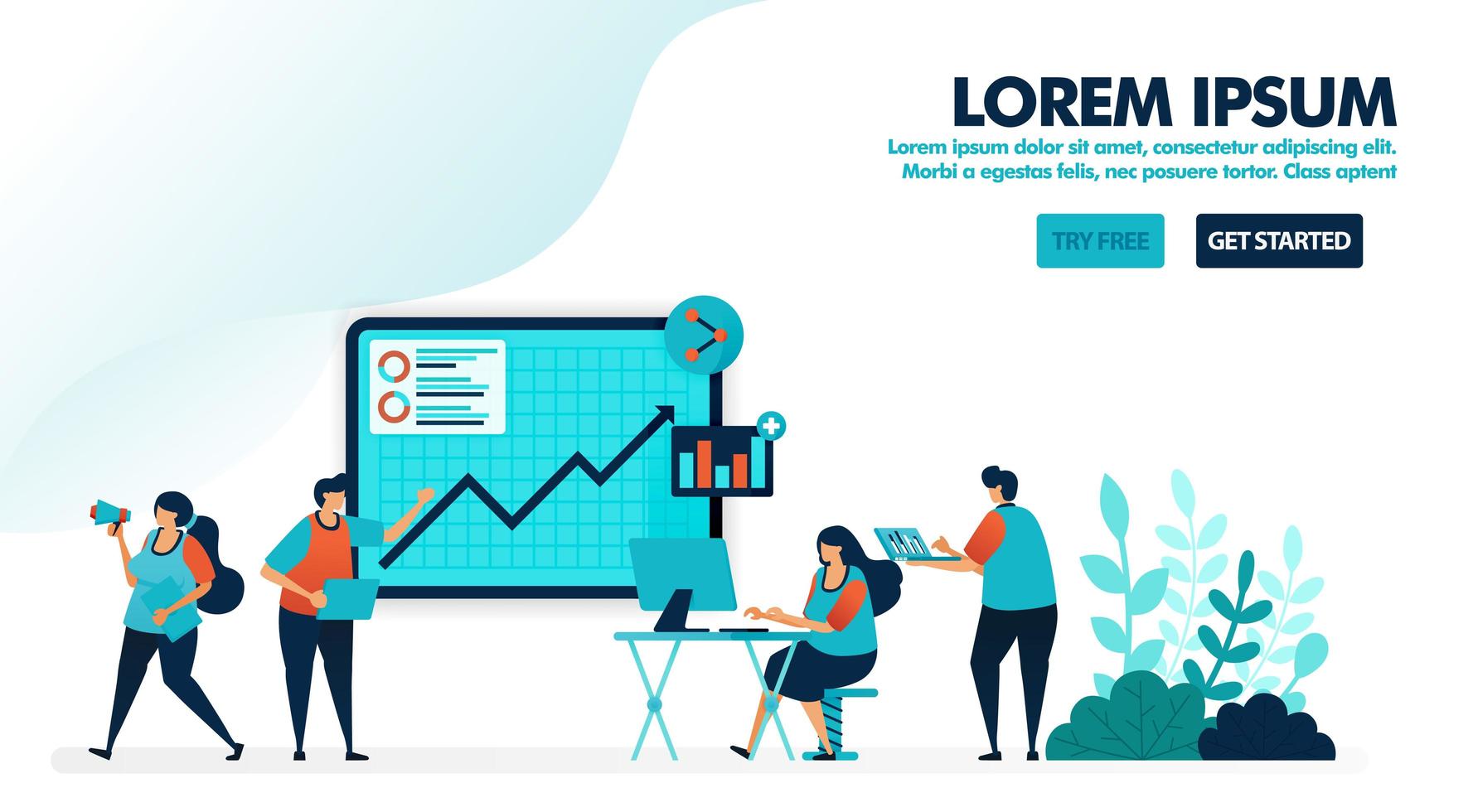 Business seminar. Gathering or company meeting. Discuss and evaluate profit reports with charts and analysis. Flat vector illustration for landing page, web, website, banner, mobile, flyer, poster, ui