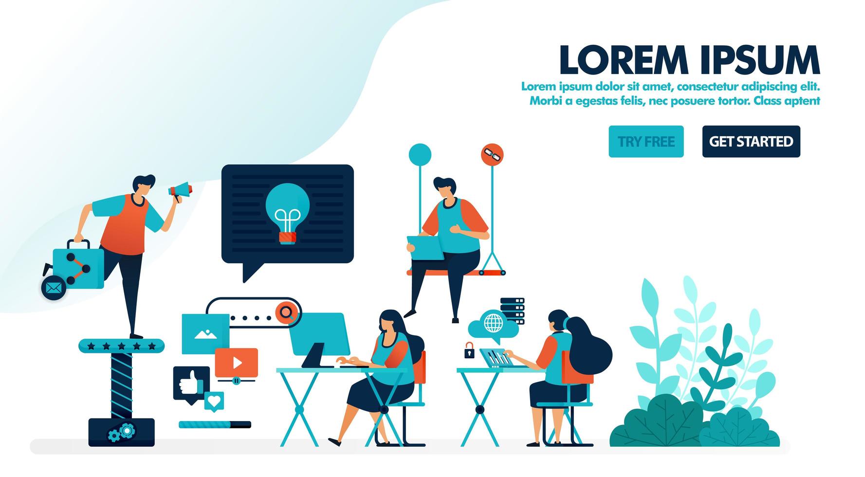 Workplace design for millennials. Coworking space or a modern workplace. Office startup to find ideas. Flat vector illustration for landing page, web, website, banner, mobile apps, flyer, poster, ui