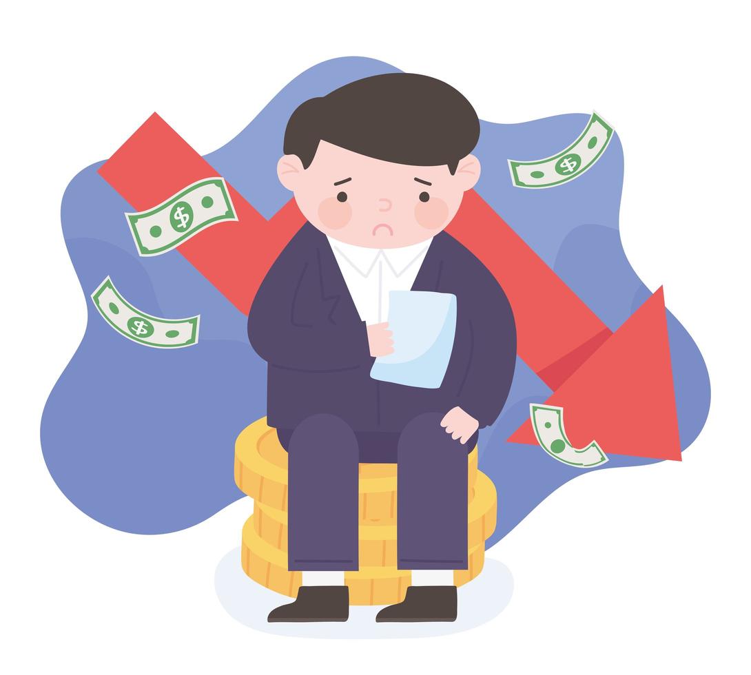 bankruptcy sad man with bill sitting on coins money red arrow down business process financial crisis vector