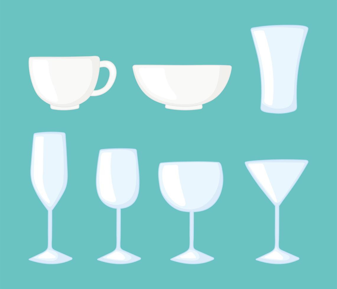 plastic or glass cups bottles mockups, kitchen glassware utensils icons vector