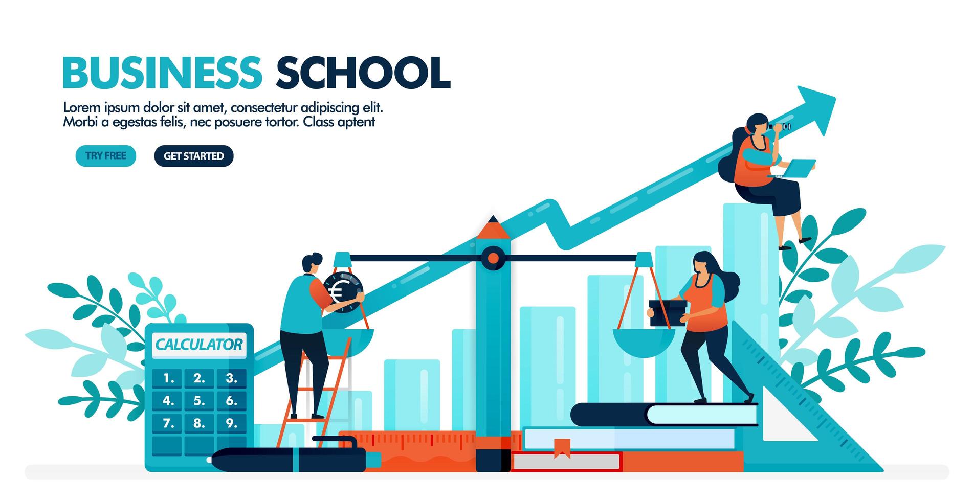 ilustración vectorial de personas están calculando el balance en la escala. diagrama de gráfico de barras. escuela de negocios, contabilidad y economía. diseño para página de destino, web, banner, plantilla, cartel, ui ux vector