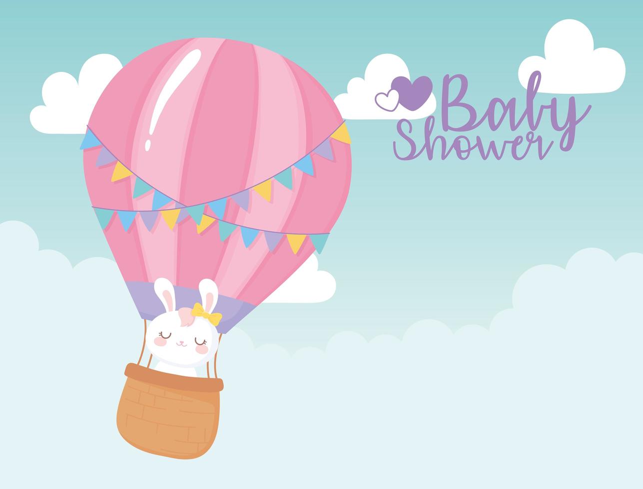 baby shower, flying air balloon with cute bunny, welcome newborn celebration card vector