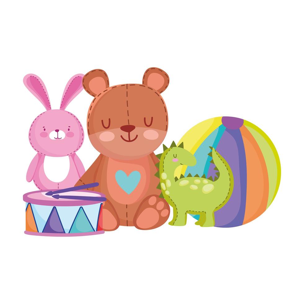 Oso de peluche, conejo, dinosaurio, bola y tambor, juguetes, objeto para que los niños pequeños jueguen dibujos animados vector
