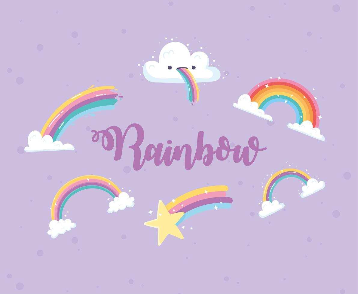 Letras de arco iris con nubes dibujos animados de decoración de estrella fugaz vector