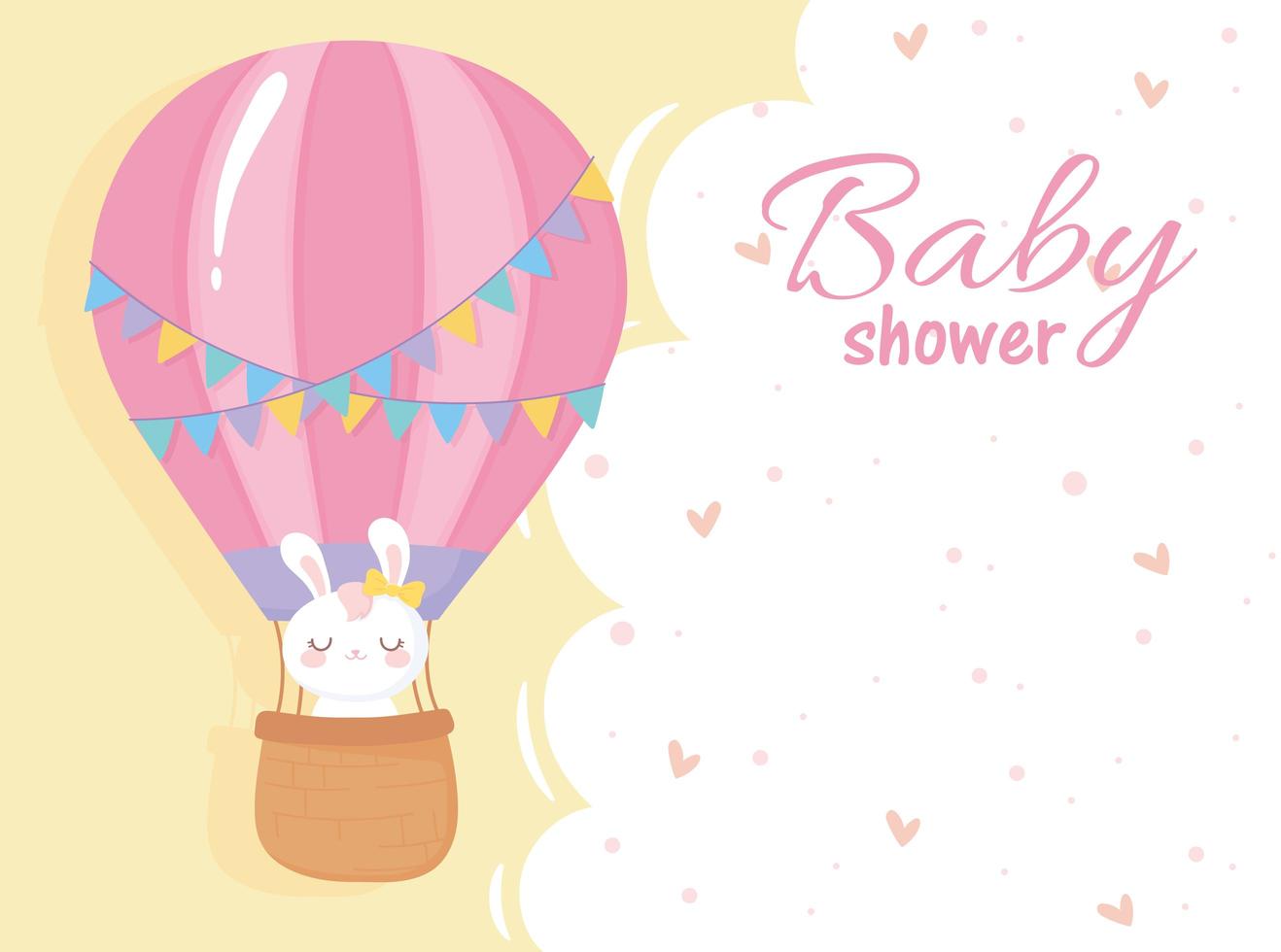 baby shower, white rabbit in air balloon welcome newborn celebration card vector