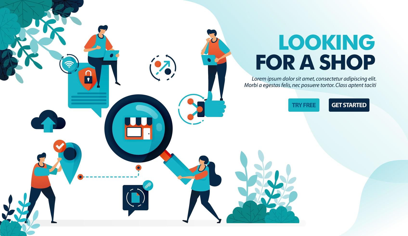 Search and find store location. Looking for store with data security protection. Promote to get customers. Flat vector illustration for landing page, web, website, banner, mobile apps, flyer, poster