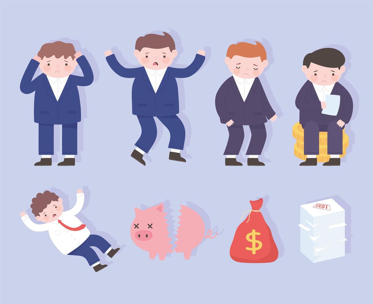 bankruptcy sad businessmen broken piggybank money business process financial crisis vector