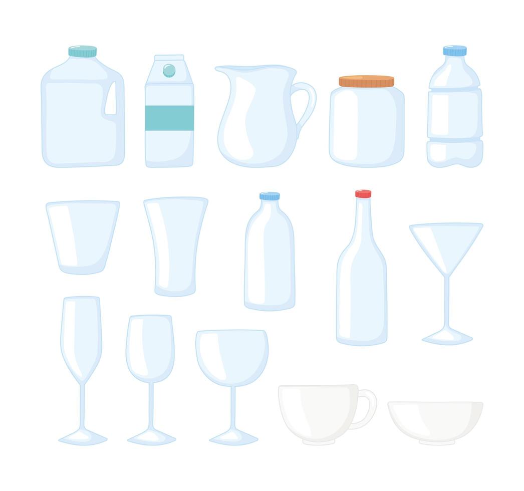 plastic or glass cups bottles mockups disposables bottle cups icons set vector