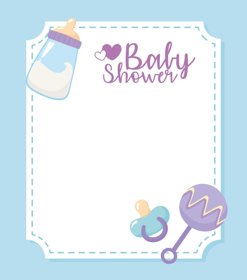 baby shower, welcome newborn celebration card milk bottle pacifier and rattle vector