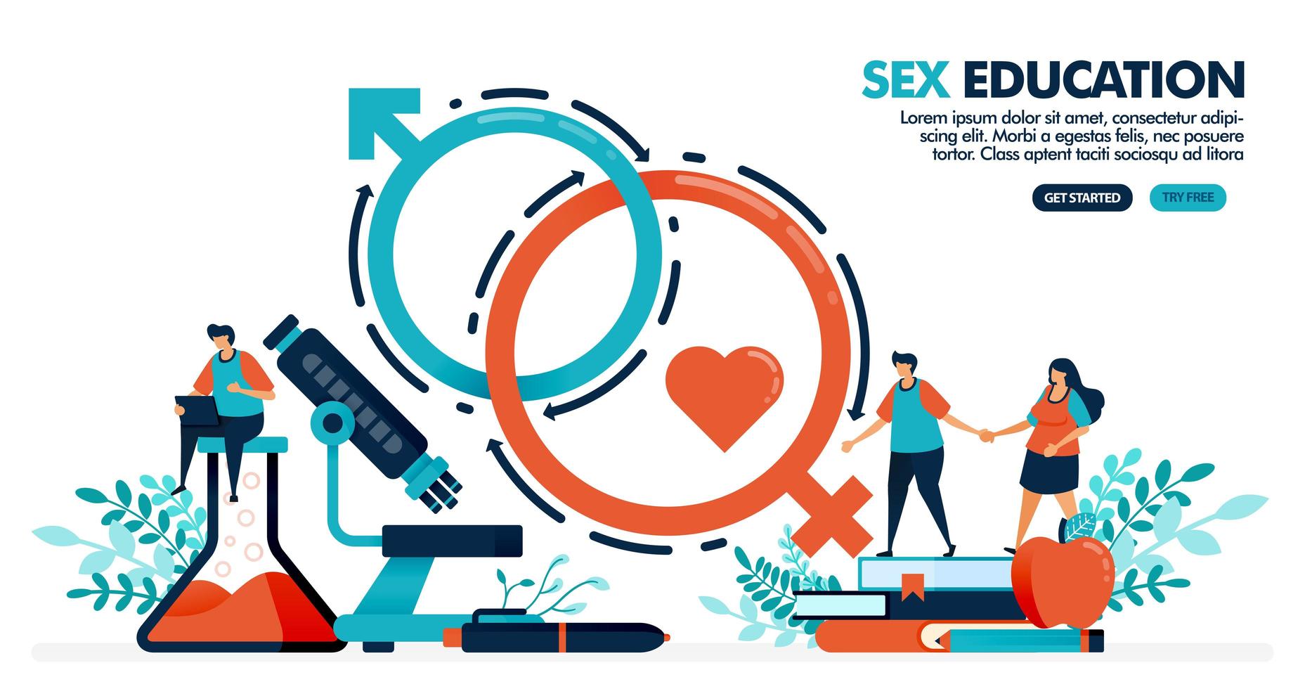 ilustración vectorial de personas que estudian educación sexual. romance sexual para la salud física y mental. lección de biología y anatomía humana. diseño para página de destino, web, banner, plantilla, cartel, ui ux vector