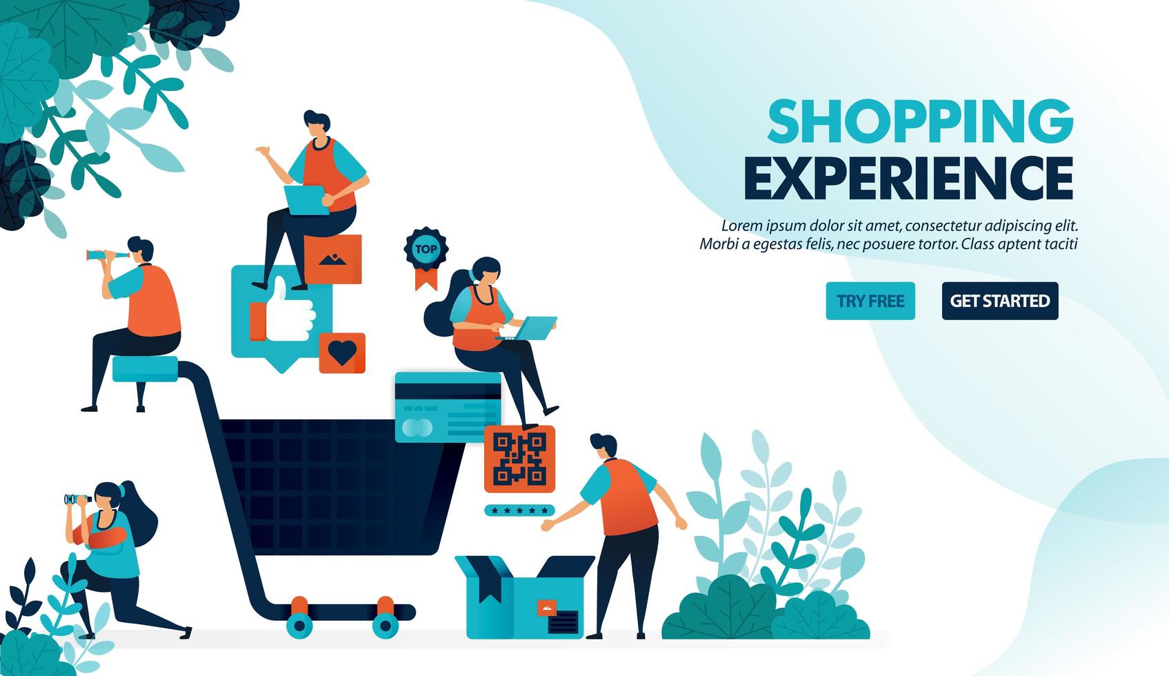 Shopping experience of finding products, making payments and delivery services. Big shopping cart. Flat vector illustration for landing page, web, website, banner, mobile apps, flyer, poster, ui