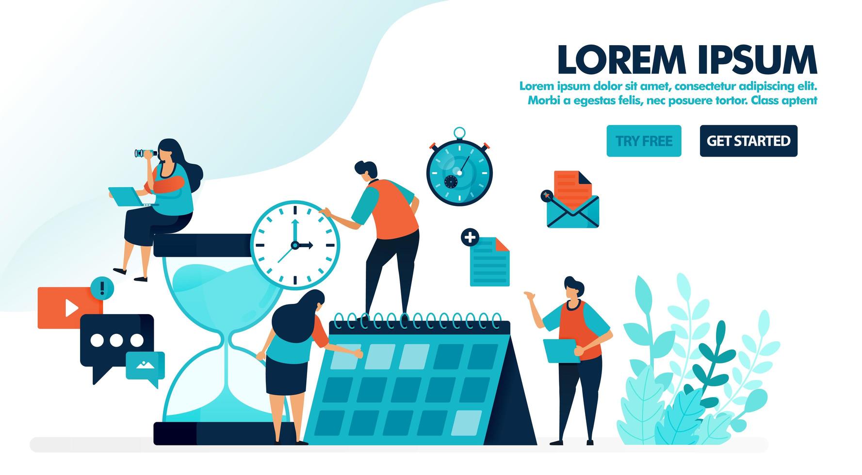 Organize schedules and plans on the calendar. Giant hourglass with reminder alarm. Time management for personal work. Flat vector illustration for landing page, web, mobile apps, flyer, poster, ui ux