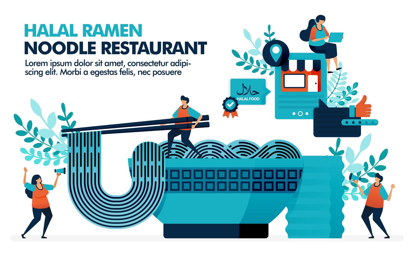 Vector illustration of bowl of halal ramen noodles with chopsticks. Location of halal japanese food restaurants in city. Review halal ramen and orintel cuisine. Noodles with glass of green tea